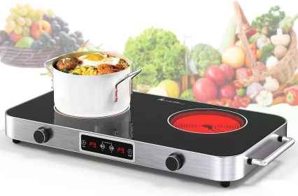 2-Burner Electric Cooktop 2200W | Portable Countertop Stove with Knob & Touch Control