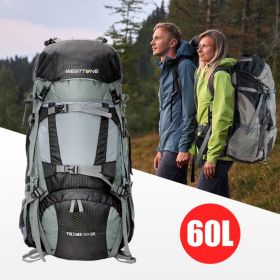 60L Outdoor hiking backpack with internal frame, including rain cover, cyan