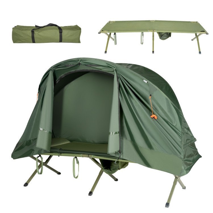 1-person elevated cot tent set pitched outdoors, showing off-ground sleeping platform and tent cover
