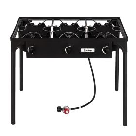 Three Burner Outdoor Camp Stove High Pressure Propane Gas Cooker Portable Cast Iron Patio Cooking Burner (225000-BTU)
