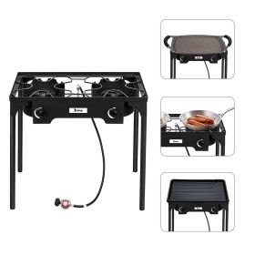 Double Burner Outdoor Camp Stove High Pressure Propane Gas Cooker Portable Cast Iron Patio Cooking Burner (150000-BTU)