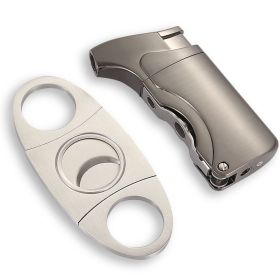 Windproof Butane Lighter Cutter Cigar Accessories Set Metal Gas Torch Lighters Stainless Steel Sharp Cigar Cutter (Color: Gray)