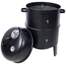 16-Inch Vertical Charcoal Smoker – 3-in-1 Grill, Smoker & Fire Pit with Thermometer (Color: Black)